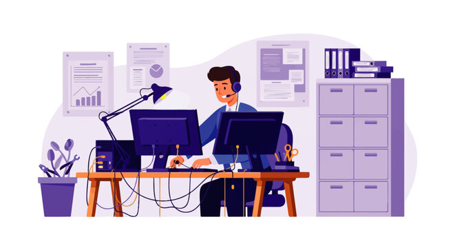 A focused male customer service representative works diligently at his dual-monitor computer setup in a modern, organized office, showcasing efficiency and professionalism.