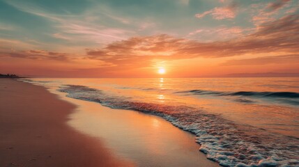 Obraz premium Panoramic tropical beach with soft sea sand, calm ocean waves, and golden-orange sunset horizon, serene summer seascape inspiring relaxation and tranquility