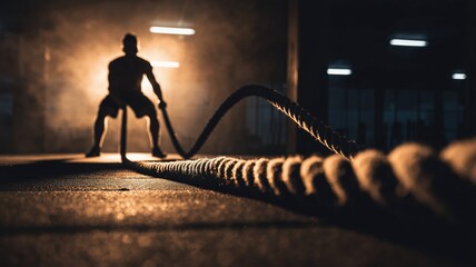 Fitness enthusiast engages in intense battle rope workout in modern gym during evening hours