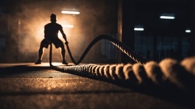 Fitness enthusiast engages in intense battle rope workout in modern gym during evening hours
