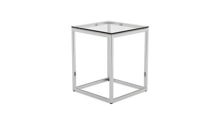 Isolated view of a square glass top side table with a polished metal frame on a white background ai generated