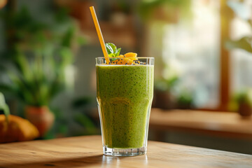 A vibrant green smoothie topped with mango and mint sits on a wooden table in a warm, inviting cafe during the evening