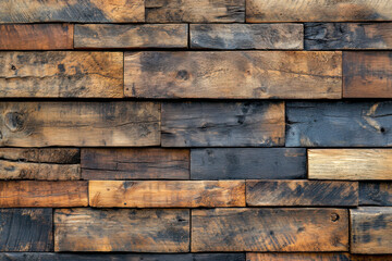 Naklejka premium Old wooden planks in rich shades of brown and black create a textured wall that emphasizes rustic charm and warmth in the space