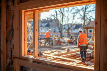 Workers in safety gear engage in various construction tasks at a site, framed by a wooden window opening, under clear skies