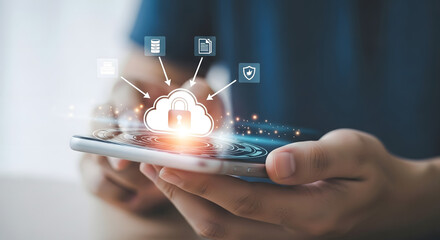 Person holding smartphone with glowing digital network interface display