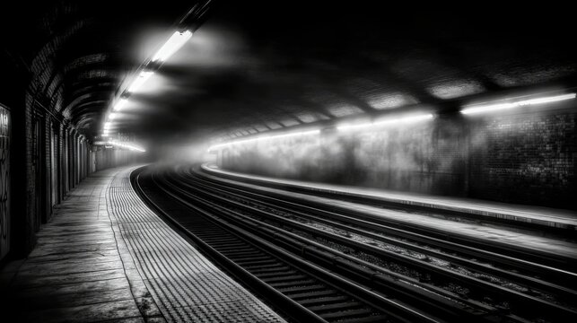 Foggy Subway Tunnel with Dim Lighting and Abandoned Platform
