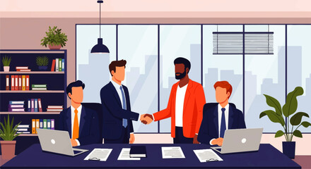 Two businessmen shake hands in a modern office, signifying a successful business deal, while their colleagues observe, creating a feeling of collaboration and trust.