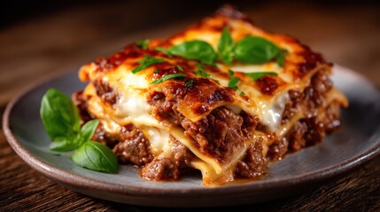 A mouthwatering slice of lasagna, featuring layers of rich meat sauce, melted cheese, and fresh herbs garnishing the plate, immediately drawing attention to the delicious dish.