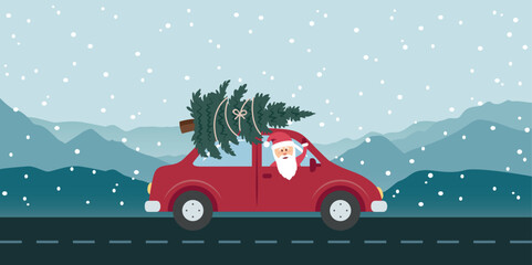 santa drive with red car and christmas tree in snowy winter landscape vector illustration