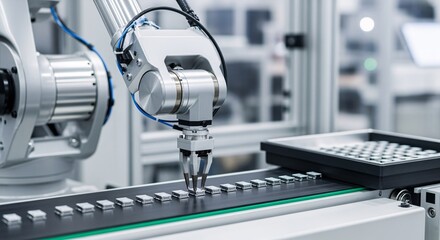 Robotic arm precisely places components onto a moving assembly line within a modern factory.