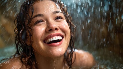 A joyful young woman with curly hair laughs and smiles under a cascading waterfall, radiating happiness and playfulness, embodying the exhilaration of nature and freedom.