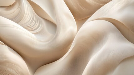 A close-up shot of a swirling, textured surface in a pale beige color. The material appears to be a fabric or a smooth, sculpted substance, creating a dynamic and flowing pattern. 