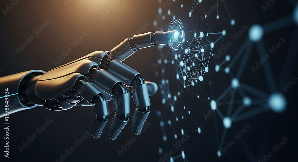 Aufkleber robotic hand touching a glowing interface with connected dots on a dark background concept art ai ge