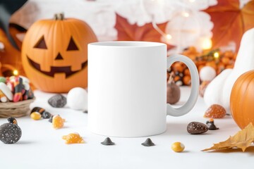 Blank mug surrounded by halloween candy and pumpkins on festive autumn table