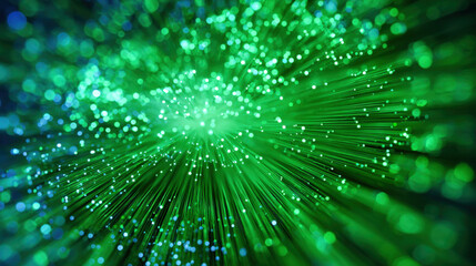 Dynamic green rays radiate with dense bokeh clusters on dark background representing energy flow and big data visualization for tech and environment