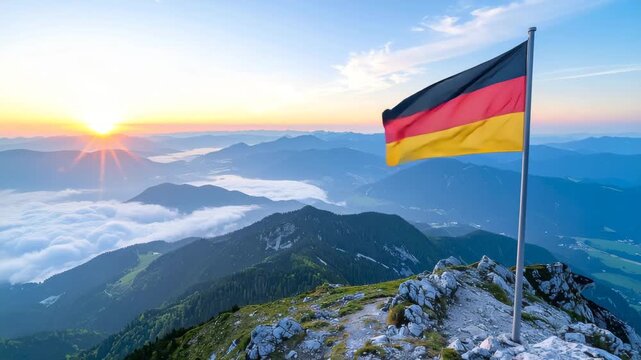 Germany flag waving in the wind on top of mountain