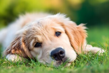 Golden retriever puppy lying on green grass.