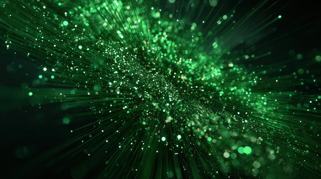 Dynamic green rays radiate with dense bokeh clusters on dark background representing energy flow and big data visualization for tech and environment - Powered by Adobe