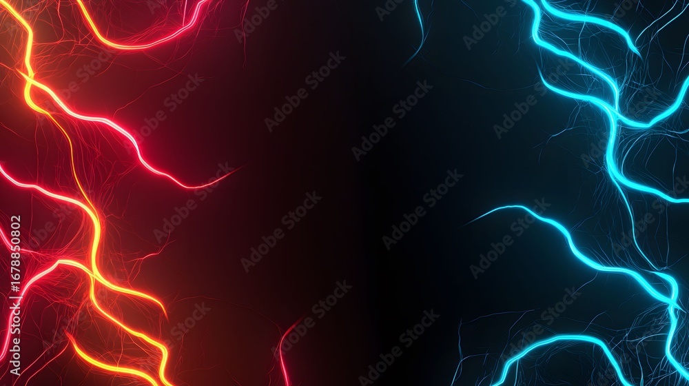 Poster the image features abstract, glowing light patterns in red/orange on the left and blue/teal on the r