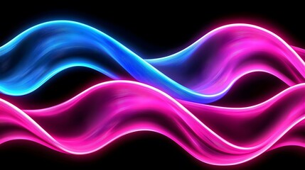 The image shows abstract, flowing waves of light in vibrant blue and pink hues set against a stark black backdrop, creating a visually striking and modern design.