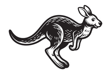 Black & White Kangaroo Vector, Isolated Animal Icon Running on White Background