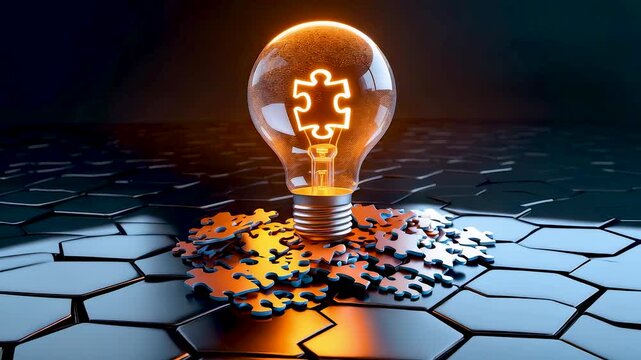 Glowing lightbulb with missing puzzle pieces on futuristic hexagonal surface creating concept of solution and ideas