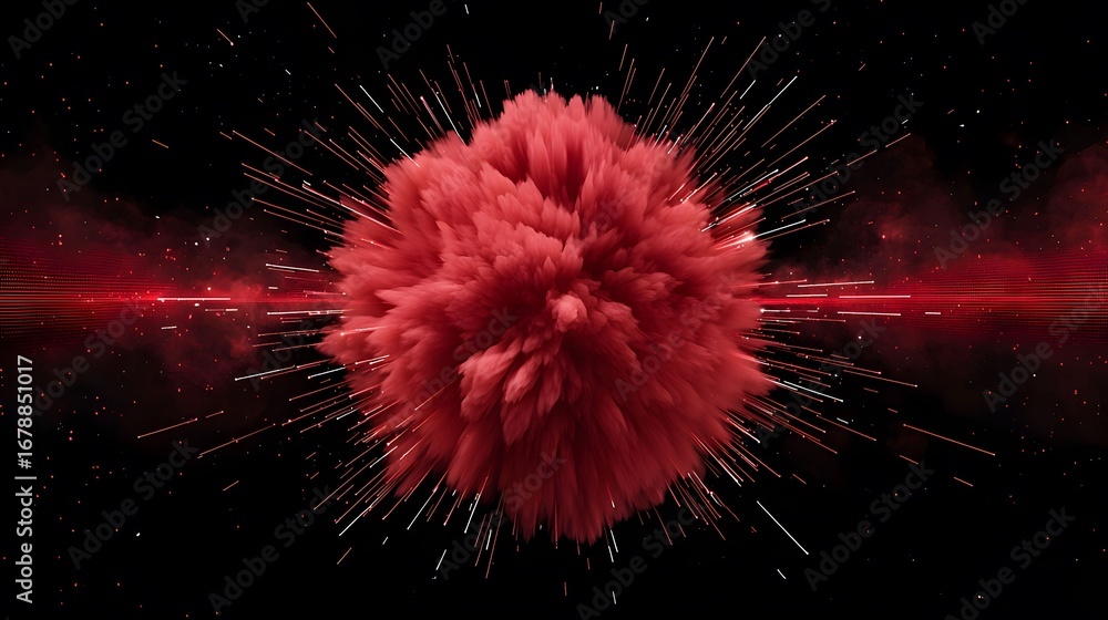 Poster a vibrant red, 3d fractal sphere stands out against a dark background, with radiating lines and part