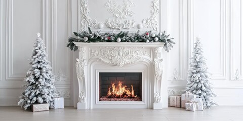 A luxurious, white fireplace is prominently displayed within a grand, paneled room. A roaring fire burns brightly within the brick fireplace.