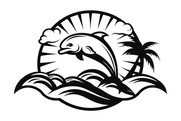 Dolphin Jumping Out Sea Waves with Palm Tree on White Background
