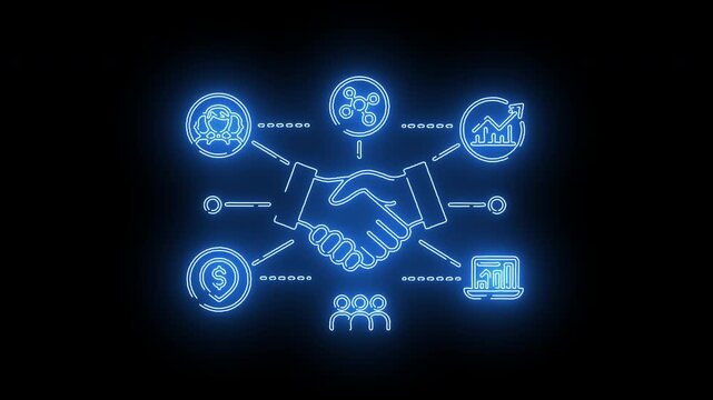 Business partnership process with glowing neon handshake icon, people, money, and corporate collaboration workflow
