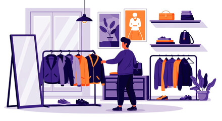 A man thoughtfully selects a jacket from a stylish clothing rack in his modern, well-organized closet, feeling confident and prepared for the day.