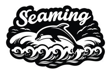 Obraz premium Black and White Dolphin Jumping Over Waves with Seaming Text