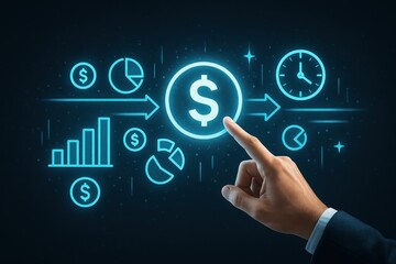 A hand points to a glowing dollar sign surrounded by financial icons, highlighting the concept of earning.