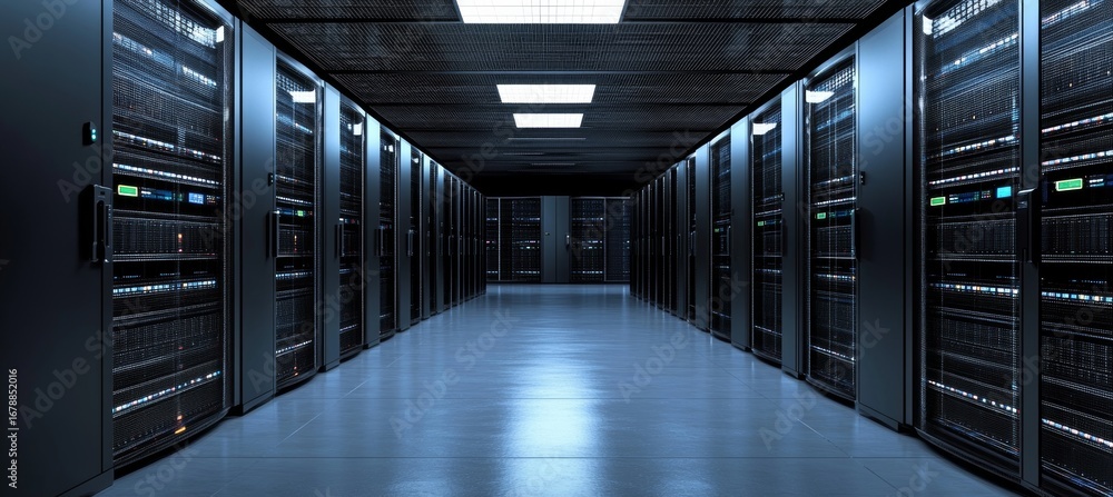 Poster modern server room infrastructure with dark servers and cloud racks for enhanced data services