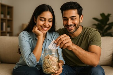 Couple saving money happily together.