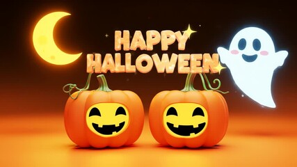 Happy Halloween wallpaper featuring cute pumpkins and a friendly ghost under a crescent moon with twinkling stars