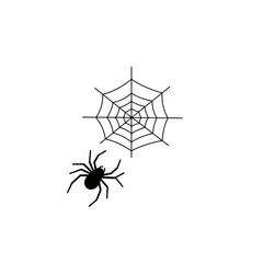 Black Spider and its Web on White Background.