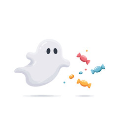 Cute Cartoon Ghost with Candies for Halloween.