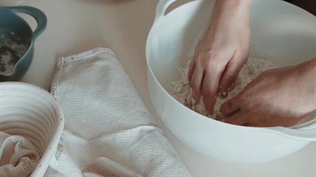 Close-up video of female hands kneading bread dough in a white bowl on a clean kitchen counter under soft natural light.