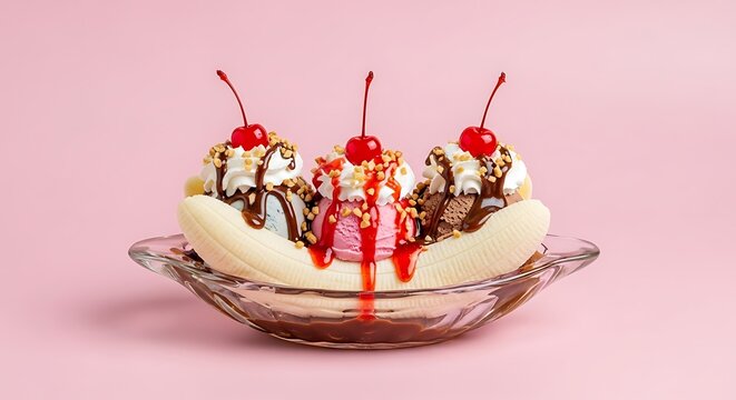 Banana Split Dessert with Ice Cream and Cherries.