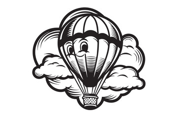 Cartoon Hot Air Balloon with Clouds Icon in Black and White Style on White