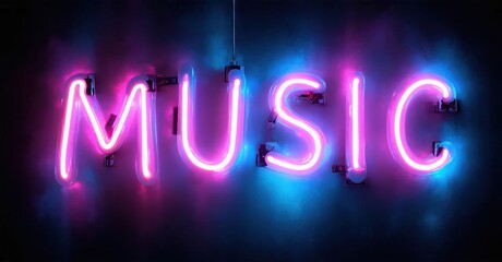 Bright neon sign spells music. Pink, blue hues illuminate dark background. Modern aesthetic, vibrant display.