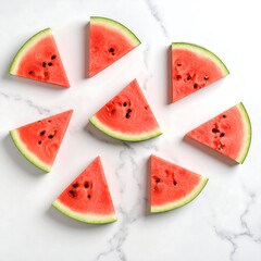 Watermelon slices arranged in a circle on marble