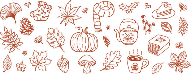 Autumn doodle set – hand drawn seasonal line art with leaves, pumpkin, coffee, tea, and cozy elements for seamless pattern, banner or printing. Vector illustration