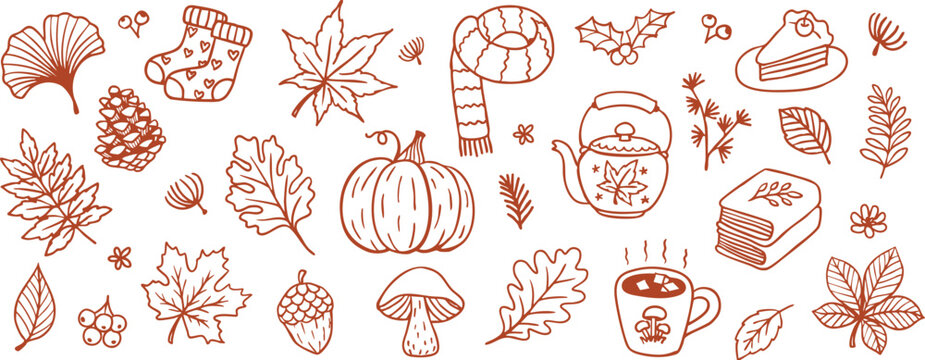 Autumn doodle set – hand drawn seasonal line art with leaves, pumpkin, coffee, tea, and cozy elements for seamless pattern, banner or printing. Vector illustration