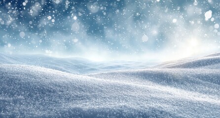 Blue winter background with snow, snowflakes, bokeh. Random falling snow flakes wallpaper. Snowfall many dust freeze granules. Sky white teal blue backdrop. Christmas poster. Xmas cian colored banner