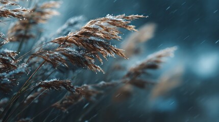 Elegant capture of frosted reeds under a soft snowfall, capturing winter's gentle touch