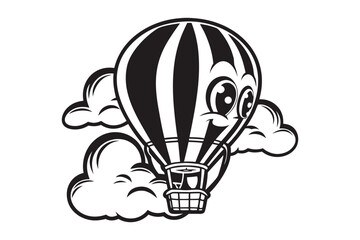 Air Balloons Amidst Clouds on White Background Outlined Style