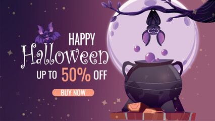 Happy halloween sales banner, promo sale flyer with Halloween elements