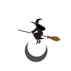 Witch Flying on Broomstick over Crescent Moon.